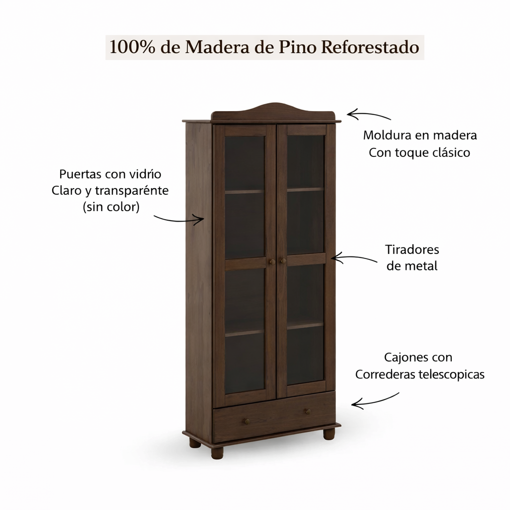 Vitrina Santa Fé 2 Puertas + 1 Cajón Caoba