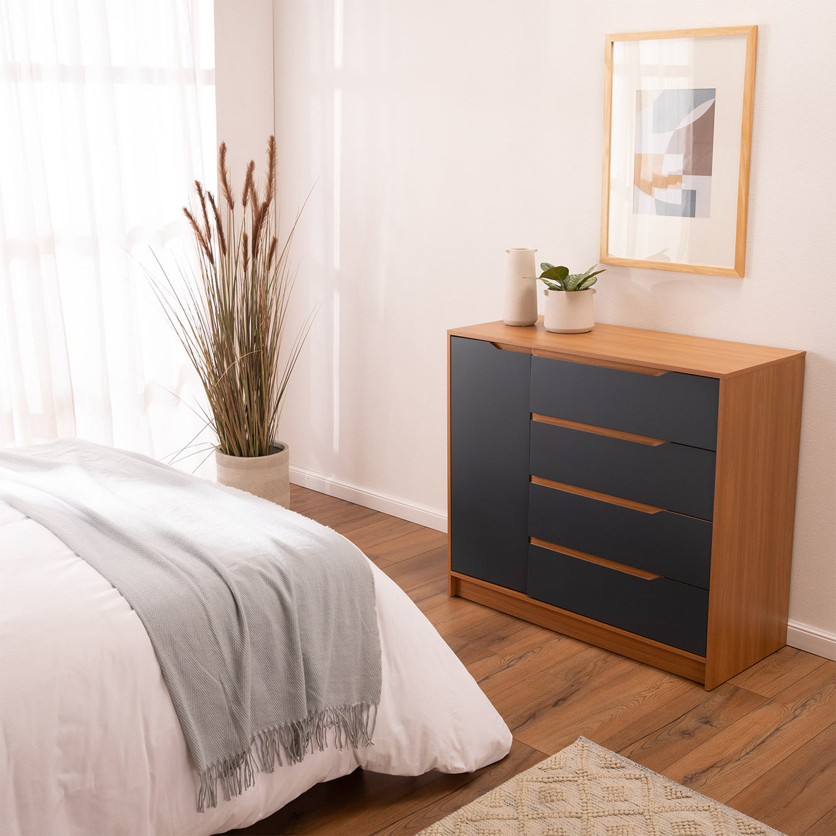 Cómoda Indiana 4 Cajones 1 Puerta Canela - Azul