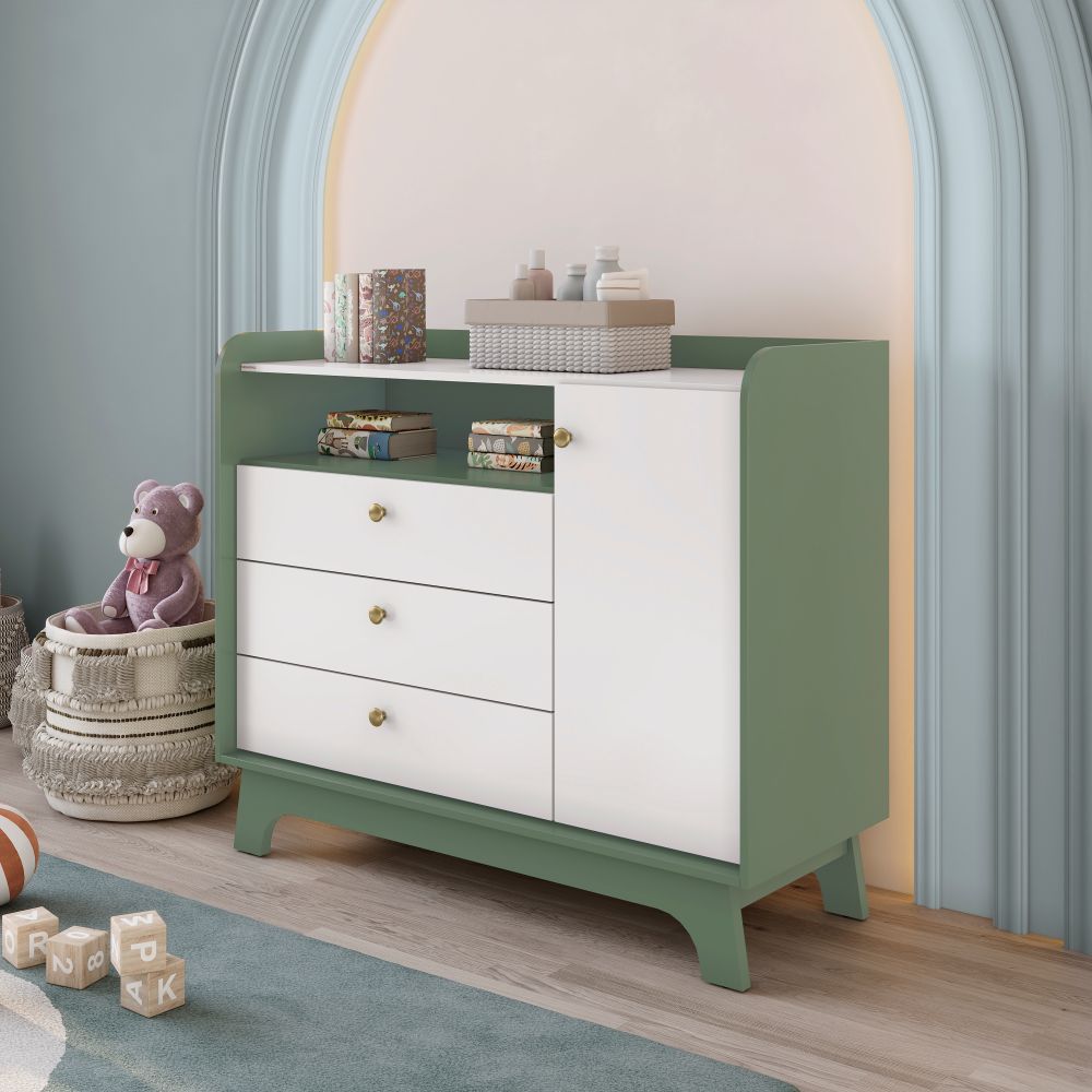 Cómoda Infantil 3 Puertas + 2 Cajones Blanco - Verde