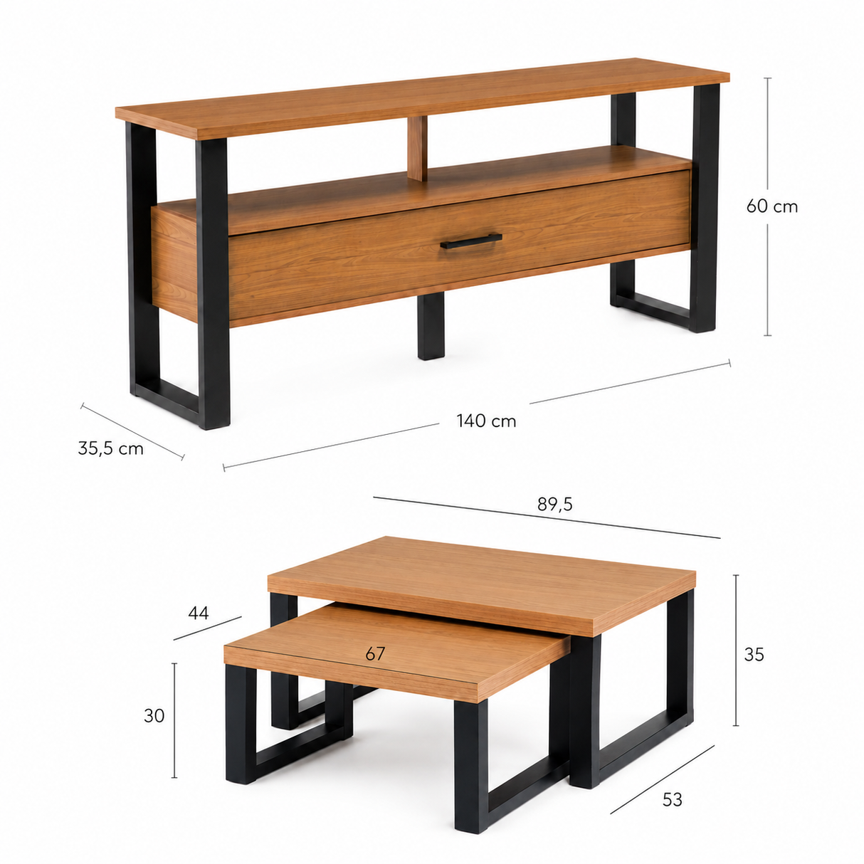 Rack Guayacán 1 Cajón + Mesa de Centro Yultón Doble Canela - Negra