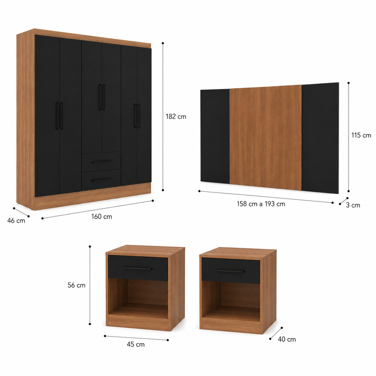 Clóset Ámbar 6 Puertas 2 Cajones Canela - Negro + Respaldo Ámbar 2 Plazas Canela - Negro + 2 Veladores Ámbar 1 Cajón Canela - Negro