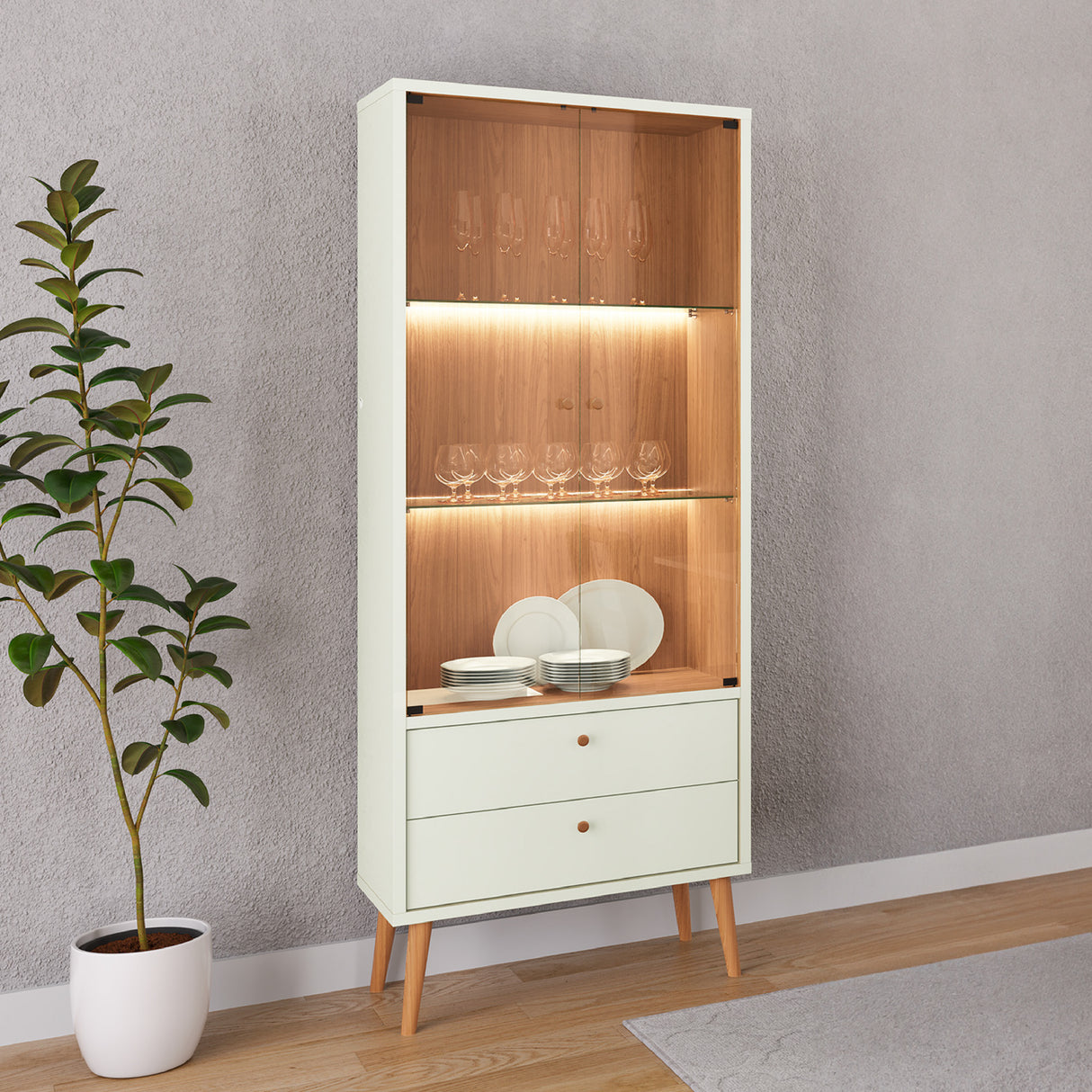 Vitrina Salvador 2 Puertas + 2 Cajones Blanco-Canela