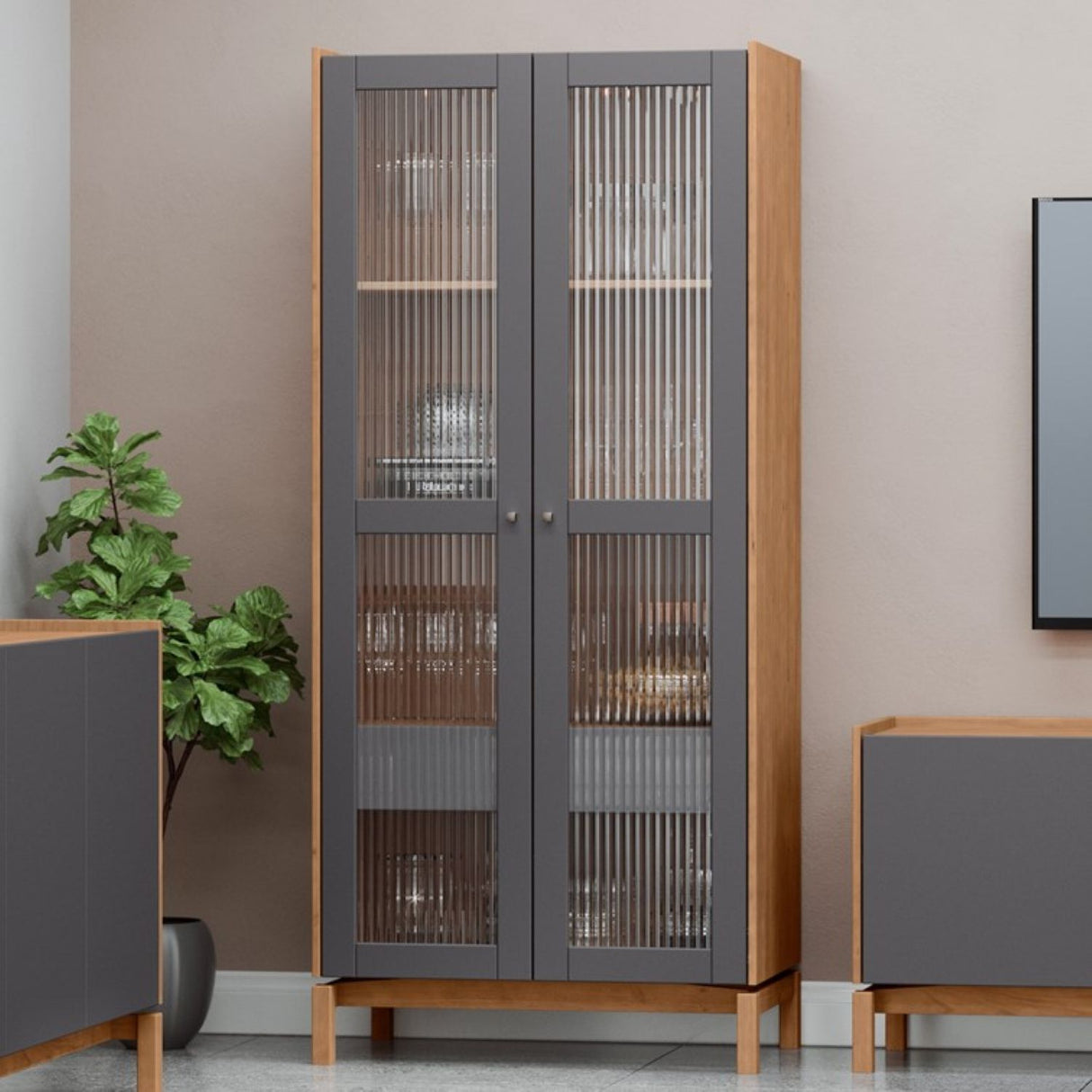 Vitrina Barcelona 2 Puertas 1 Cajón Grafito - Roble