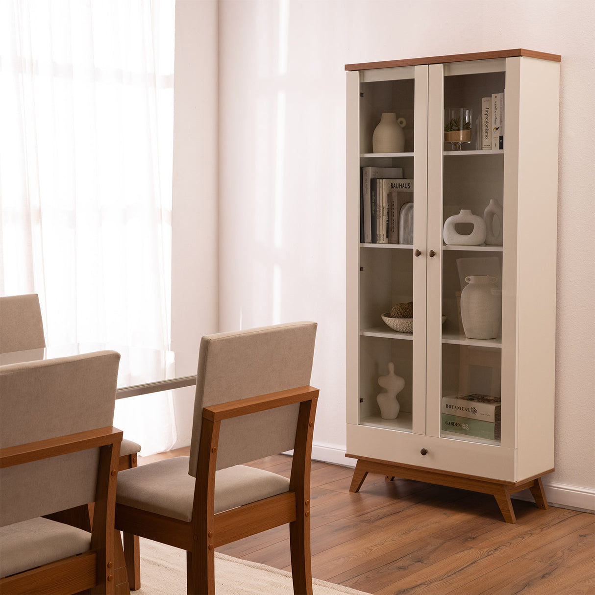 Vitrina Recife 2 Puertas + 1 Cajón Blanco-Canela