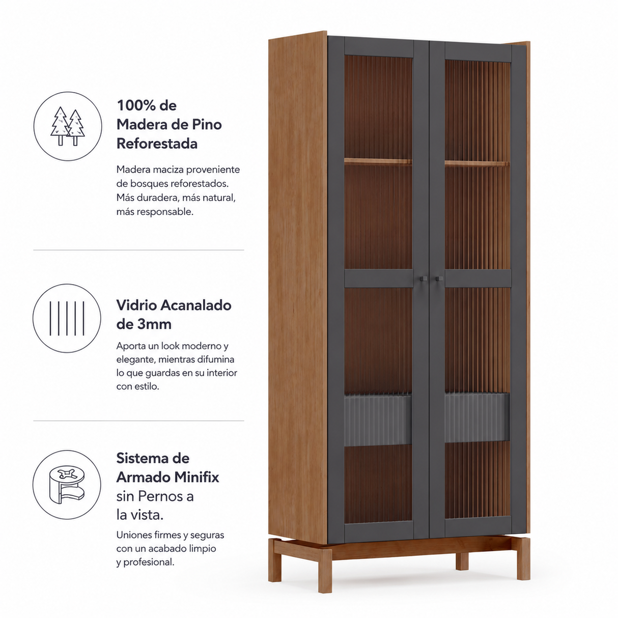 Vitrina Barcelona 2 Puertas 1 Cajón Grafito - Roble + Mesa de Centro Barcelona Gráfito - Roble