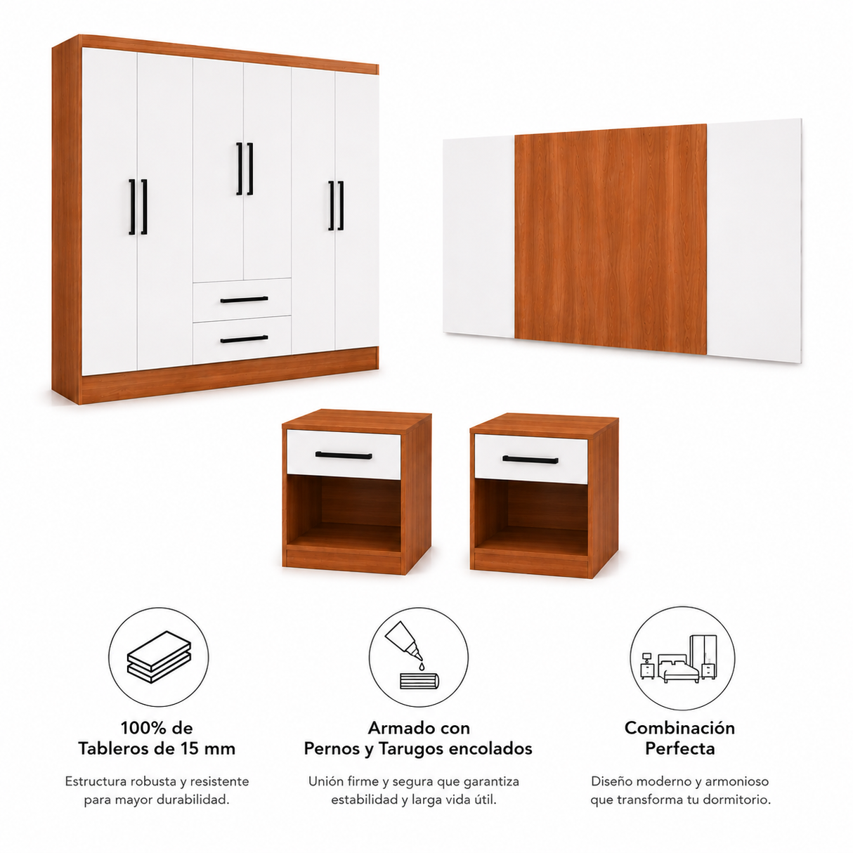 Clóset Ámbar 6 Puertas 2 Cajones Canela - Blanco + Respaldo Ámbar 2 Plazas Canela - Blanco + 2 Veladores Ámbar 1 Cajón Canela - Blanco