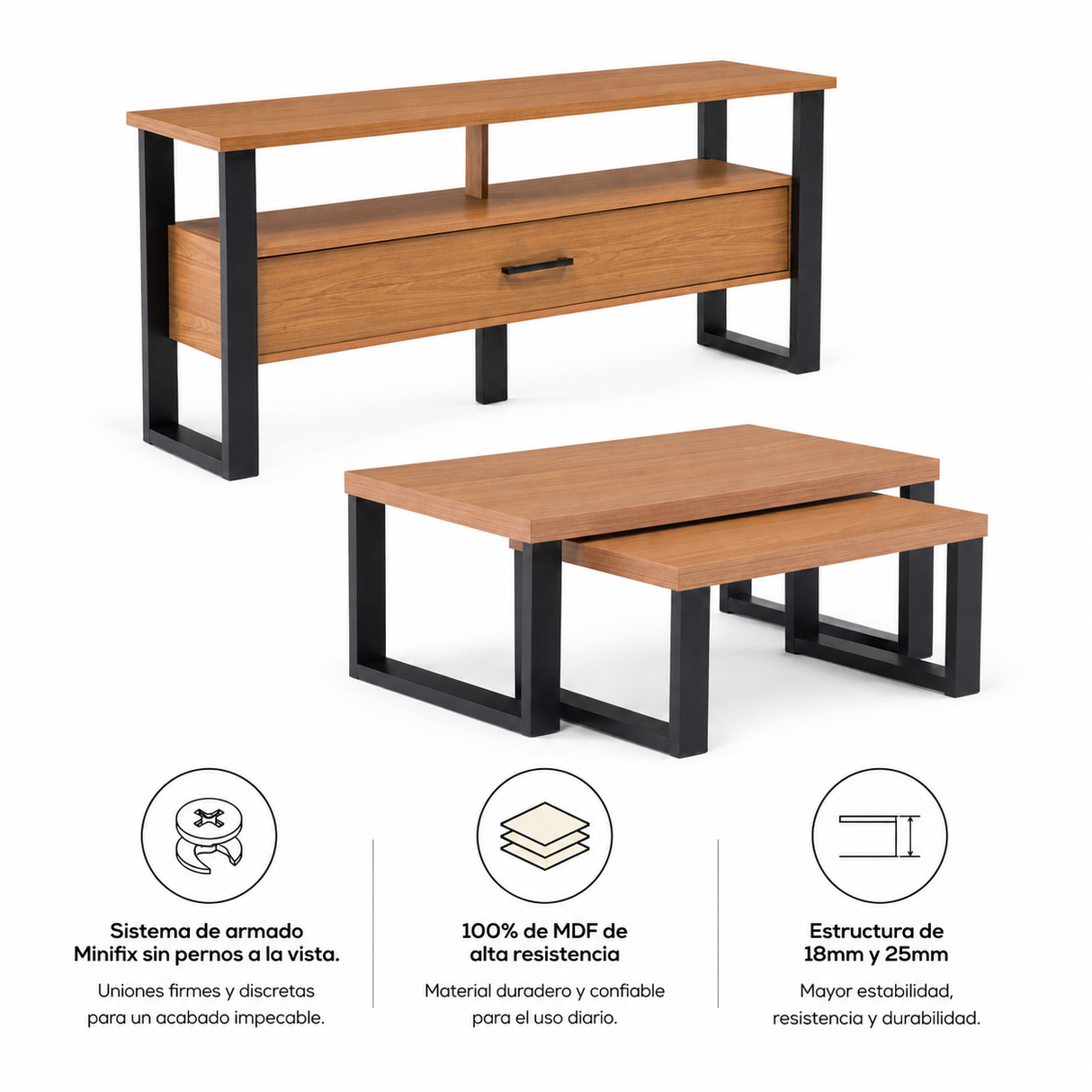 Rack Guayacán 1 Cajón + Mesa de Centro Yultón Doble Canela - Negra