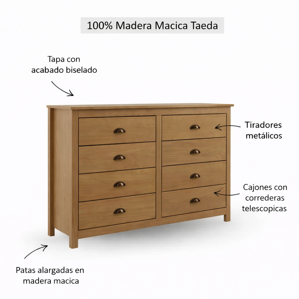 Cómoda Posadas 8 Cajones Blanco-Roble