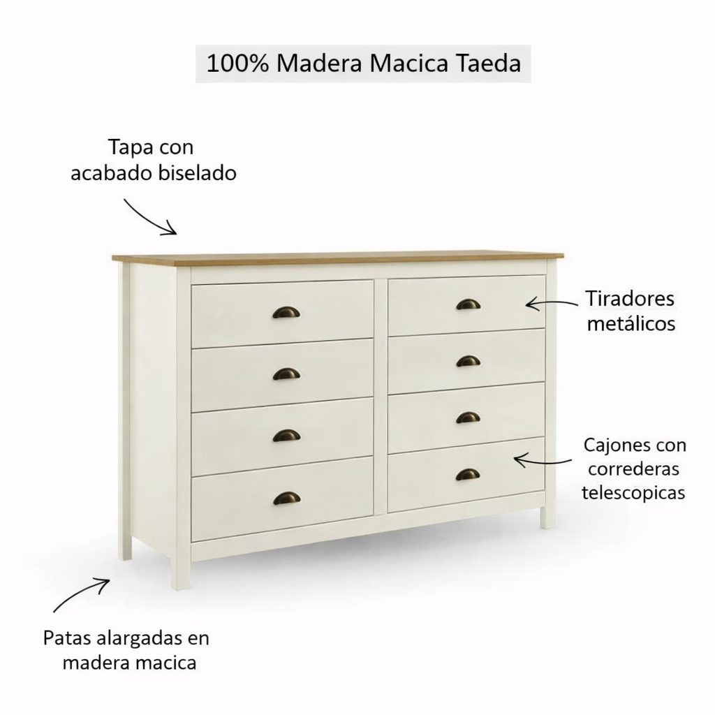 Cómoda Posadas 8 Cajones Blanco-Roble