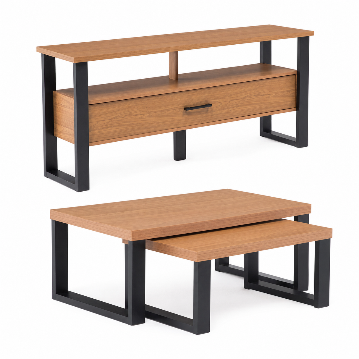 Rack Guayacán 1 Cajón + Mesa de Centro Yultón Doble Canela - Negra