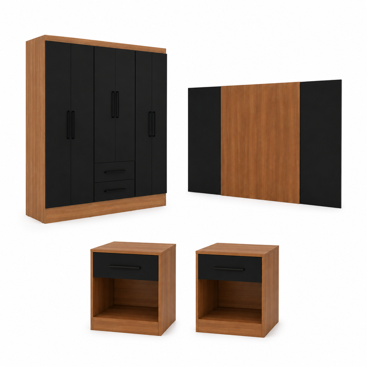 Clóset Ámbar 6 Puertas 2 Cajones Canela - Negro + Respaldo Ámbar 2 Plazas Canela - Negro + 2 Veladores Ámbar 1 Cajón Canela - Negro