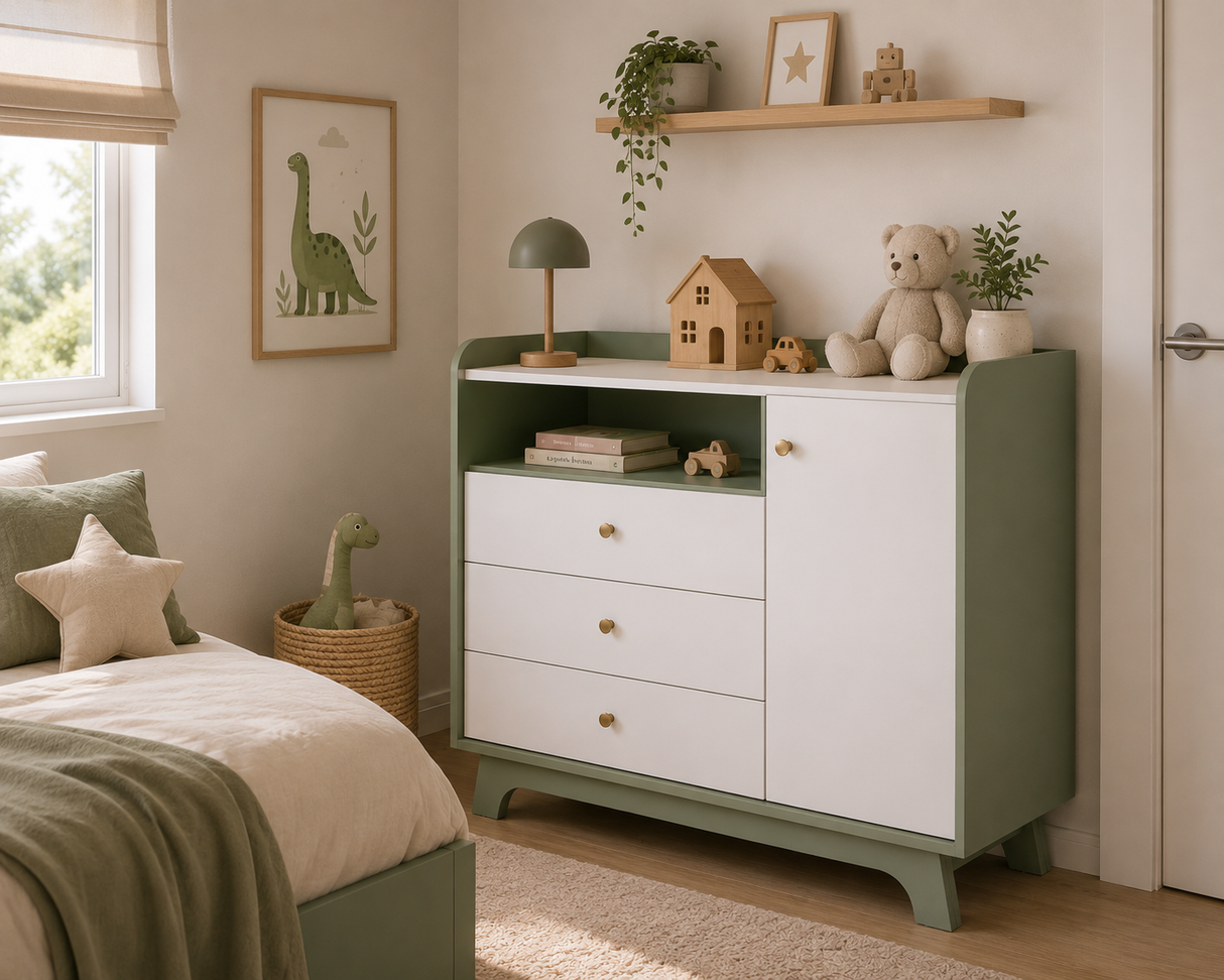 Cómoda Infantil 3 Puertas + 2 Cajones Blanco - Verde